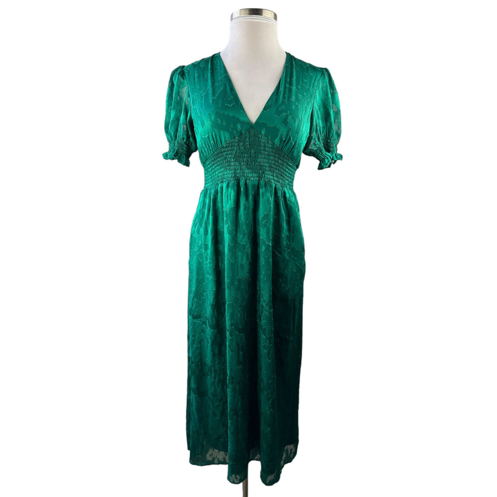 Hutch Empire Smocked Ruffle Short Sleeve Maxi Dress Holiday Green Pockets Size 6 - Picture 2 of 16